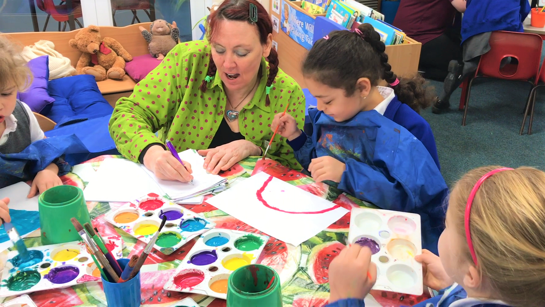 Story dictation at pain table